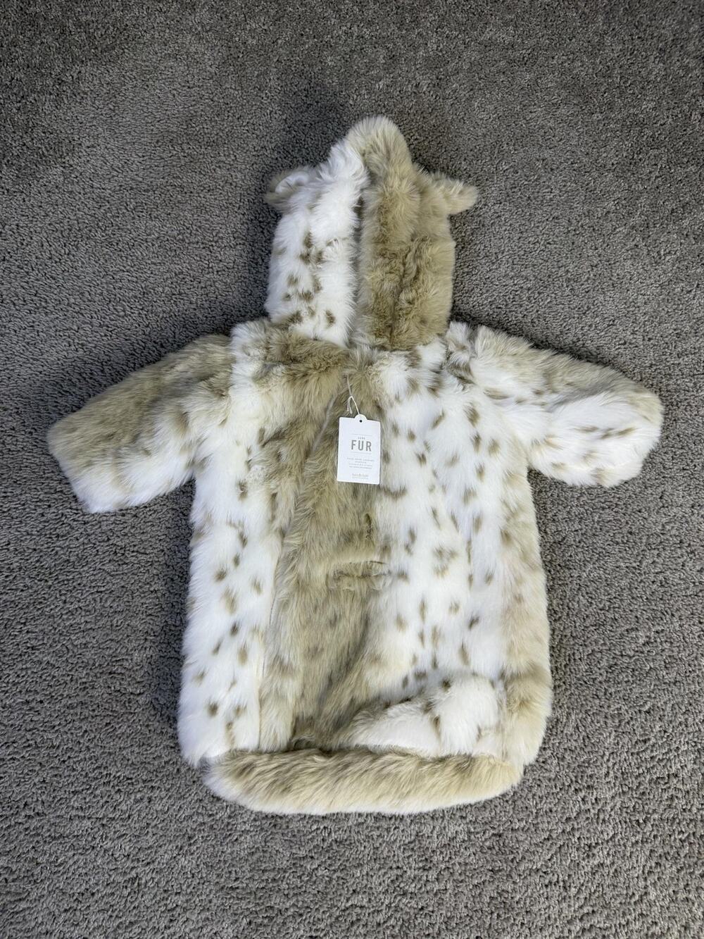 RH Baby & Child Coat Girls 3-6M White Luxe Fur Shearling Animal Print Hooded
